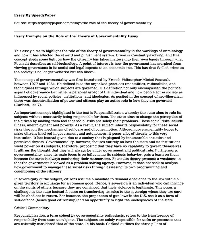 Essay Example on the Role of the Theory of Governmentality