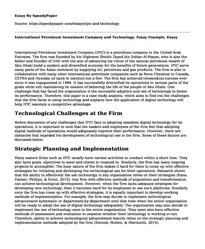 International Petroleum Investment Company and Technology. Essay Example.