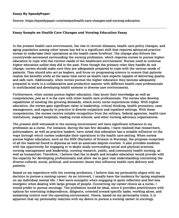 Essay Sample on Health Care Changes and Nursing Education