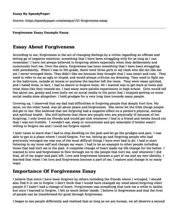 Forgiveness Essay Example