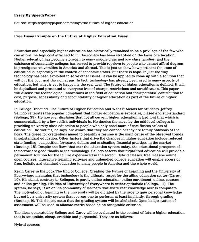 Free Essay Example on the Future of Higher Education