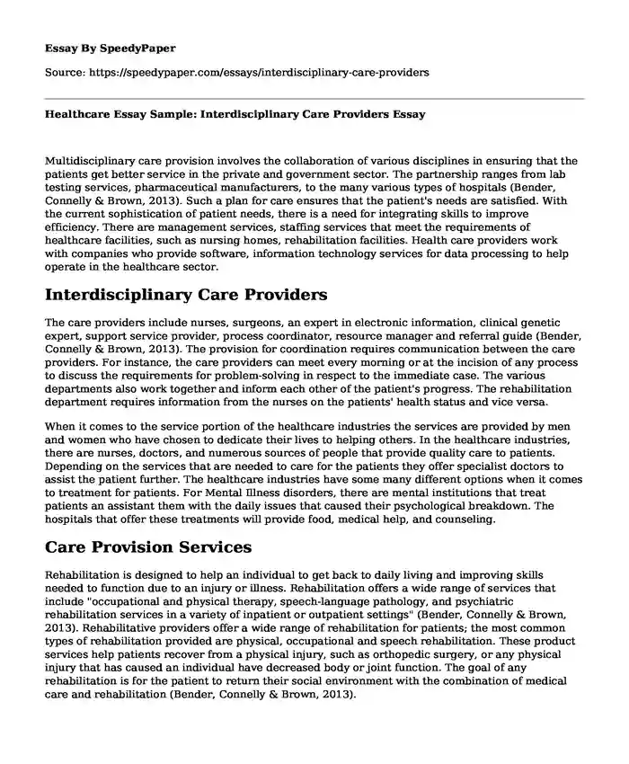Healthcare Essay Sample: Interdisciplinary Care Providers