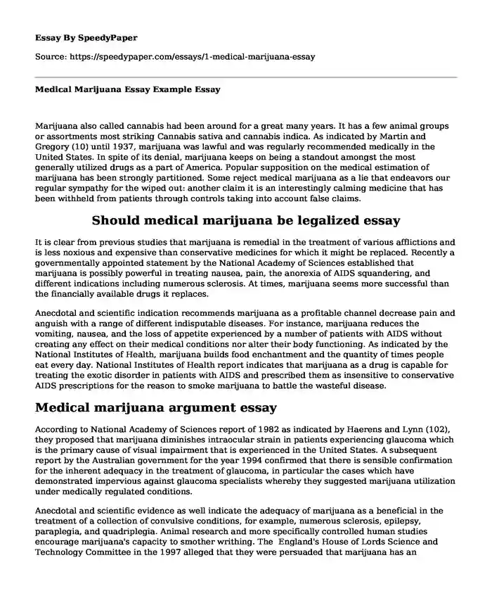 Medical Marijuana Essay Example