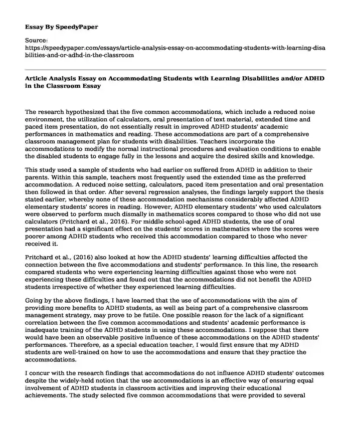 Article Analysis Essay on Accommodating Students with Learning Disabilities and/or ADHD in the Classroom