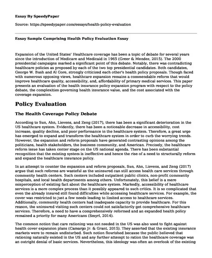 Essay Sample Comprising Health Policy Evaluation
