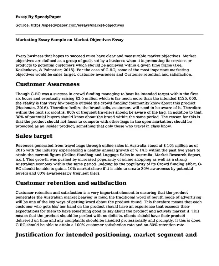 Marketing Essay Sample on Market Objectives