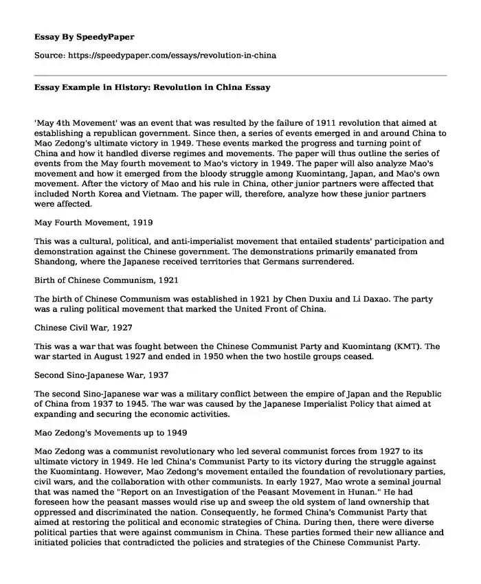 Essay Example in History: Revolution in China