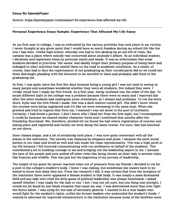 Personal Experience Essay Sample: Experience That Affected My Life