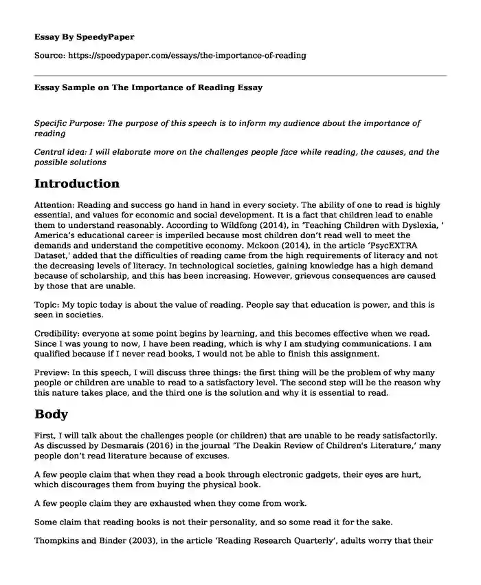 Essay Sample on The Importance of Reading