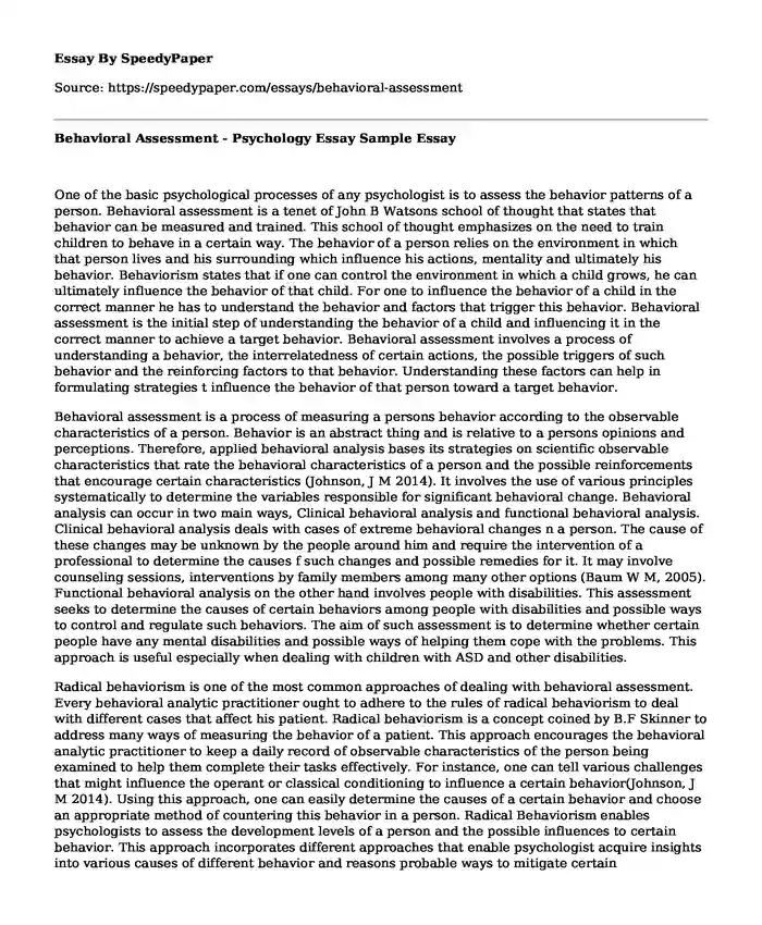 Behavioral Assessment - Psychology Essay Sample