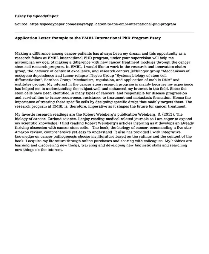 Application Letter Example to the EMBL International PhD Program