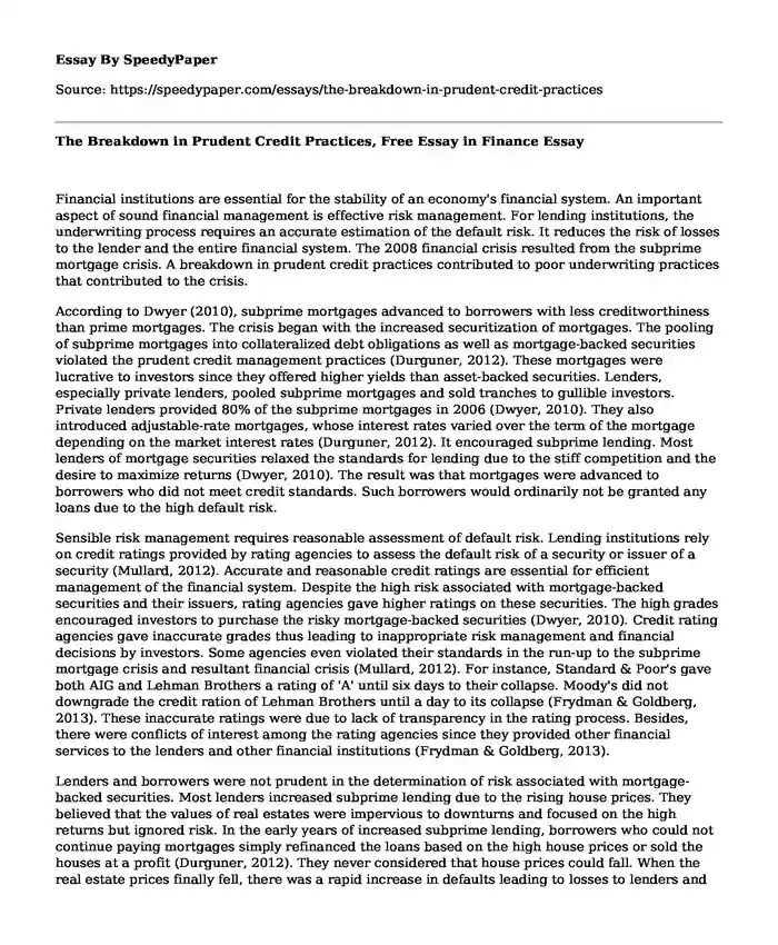 The Breakdown in Prudent Credit Practices, Free Essay in Finance