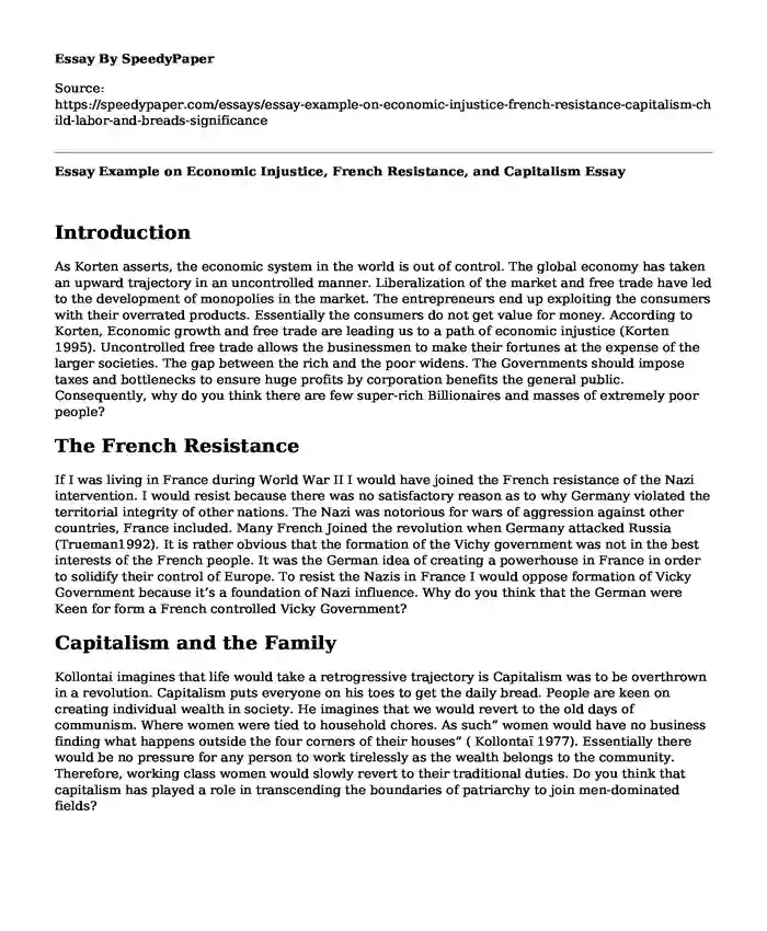 Essay Example on Economic Injustice, French Resistance, and Capitalism