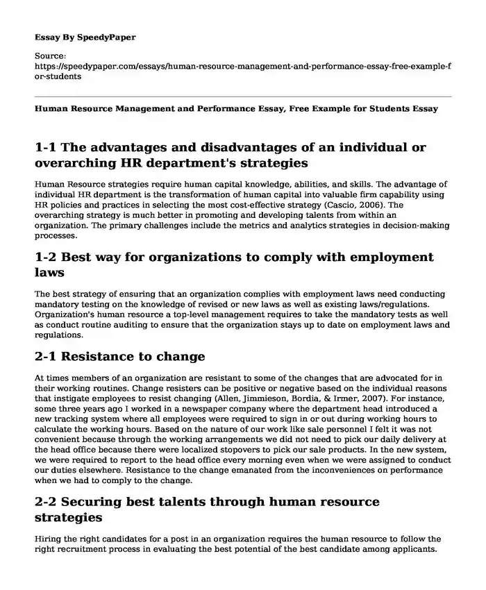 Human Resource Management and Performance Essay, Free Example for Students