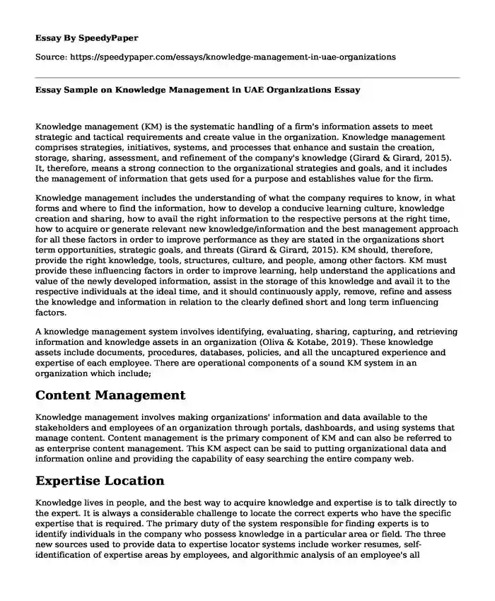 Essay Sample on Knowledge Management in UAE Organizations