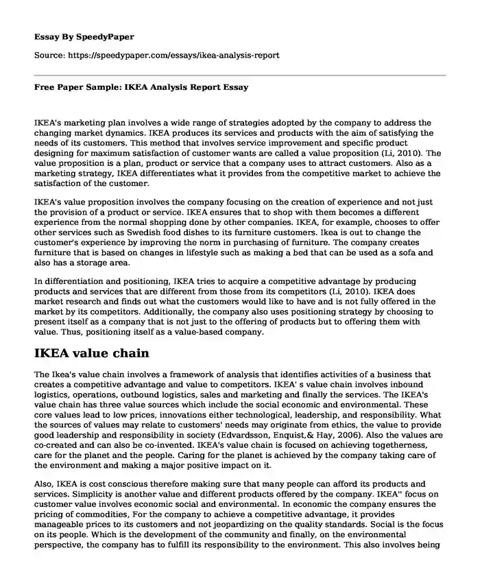 Free Paper Sample: IKEA Analysis Report