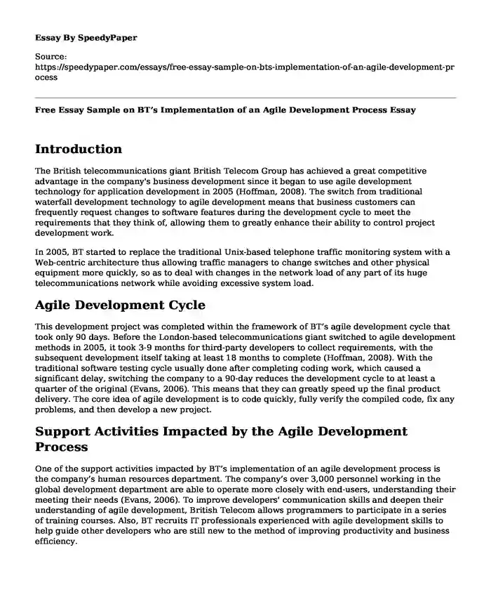 Free Essay Sample on BT's Implementation of an Agile Development Process