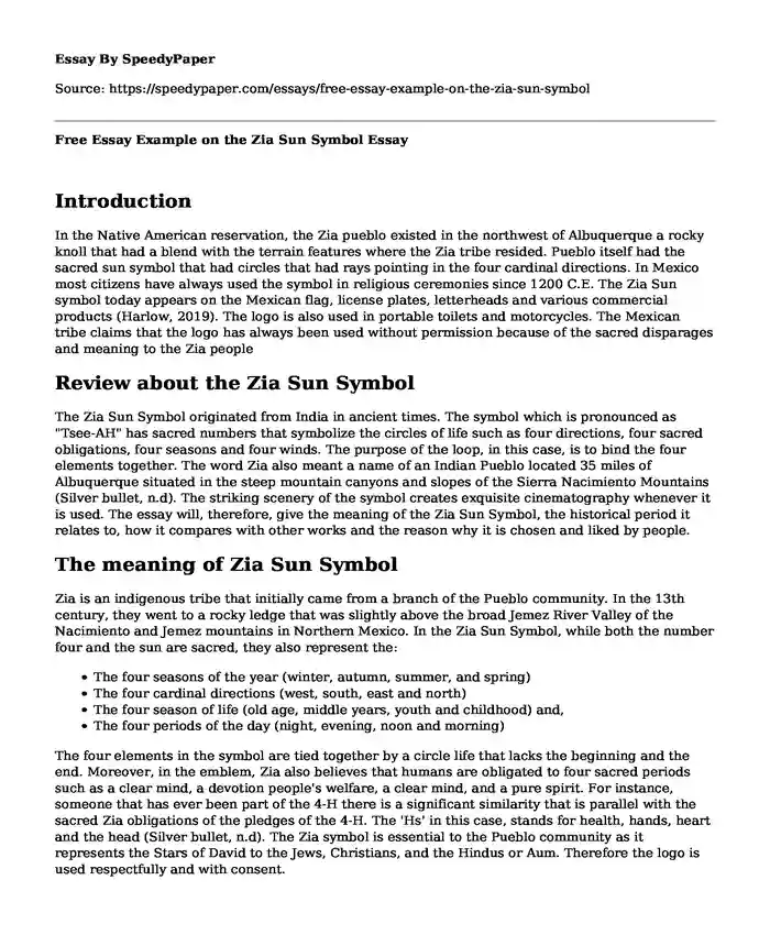 Free Essay Example on the Zia Sun Symbol