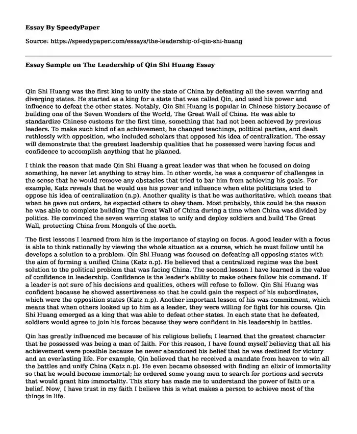Essay Sample on The Leadership of Qin Shi Huang