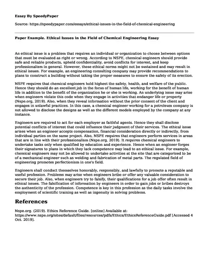 Paper Example. Ethical Issues in the Field of Chemical Engineering