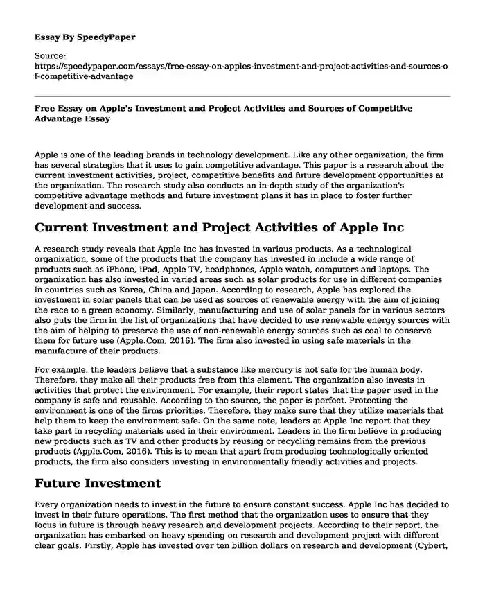 Free Essay on Apple's Investment and Project Activities and Sources of Competitive Advantage