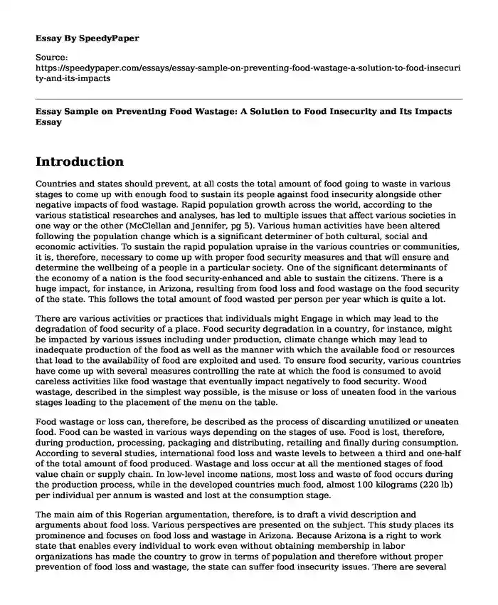 Essay Sample on Preventing Food Wastage: A Solution to Food Insecurity and Its Impacts