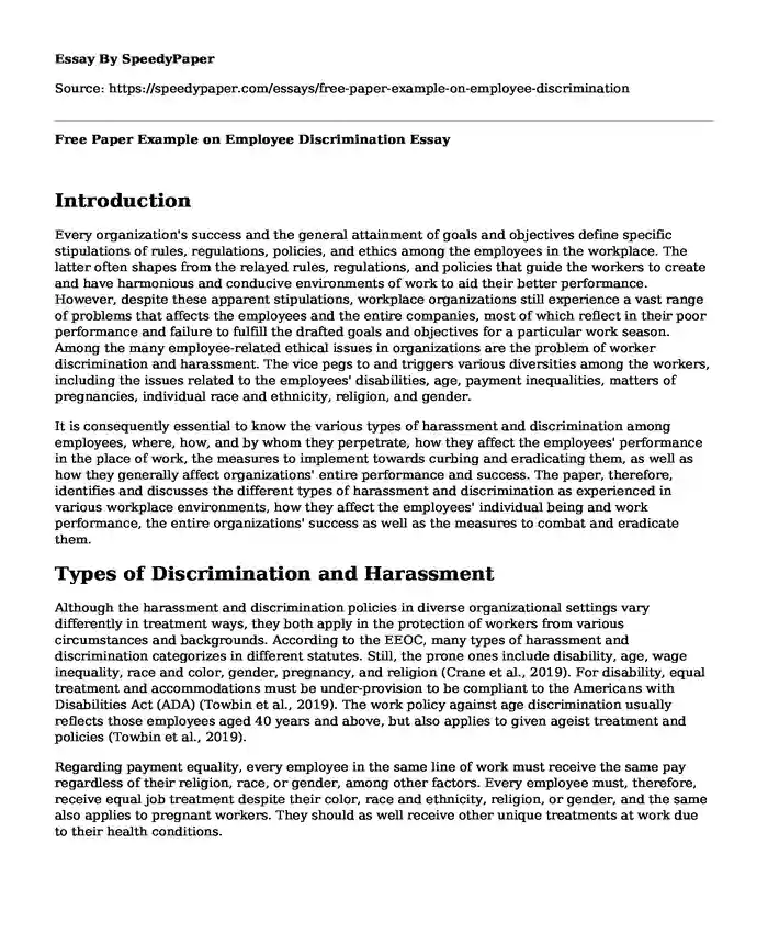 Free Paper Example on Employee Discrimination