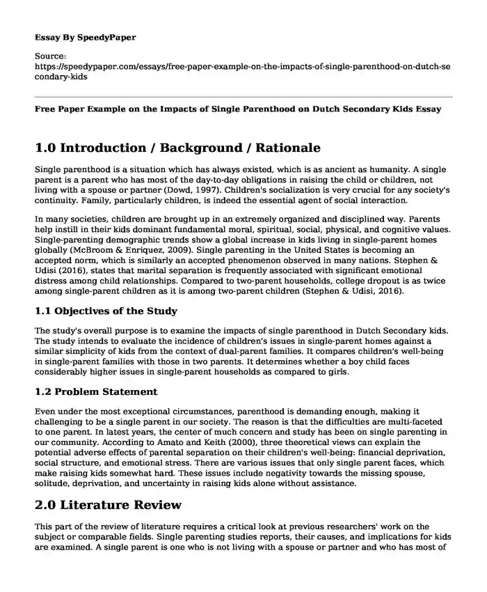 Free Paper Example on the Impacts of Single Parenthood on Dutch Secondary Kids