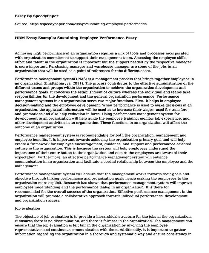 HRM Essay Example: Sustaining Employee Performance