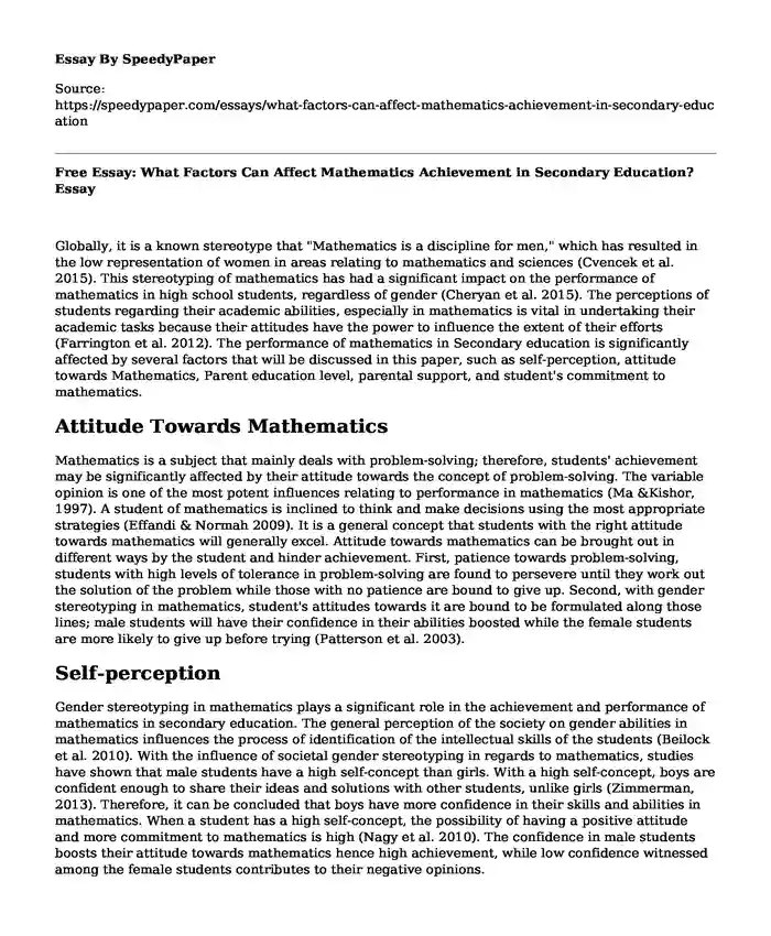 Free Essay: What Factors Can Affect Mathematics Achievement in Secondary Education?