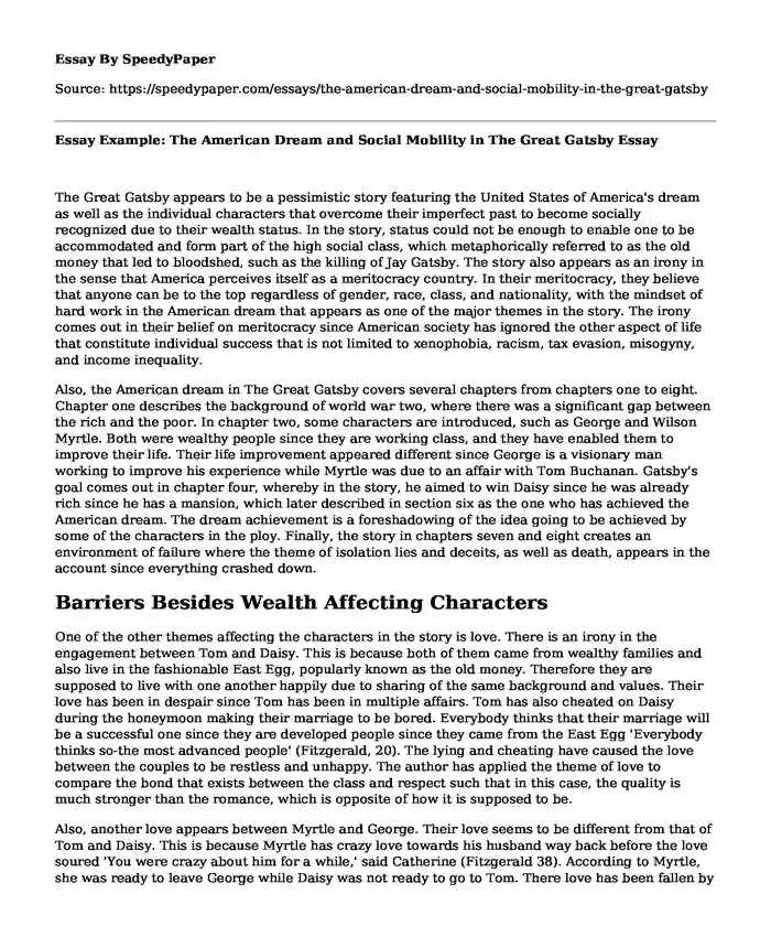 Essay Example: The American Dream and Social Mobility in The Great Gatsby