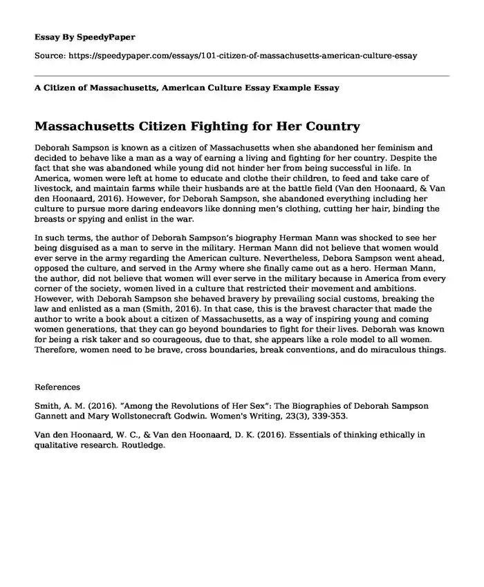 A Citizen of Massachusetts, American Culture Essay Example