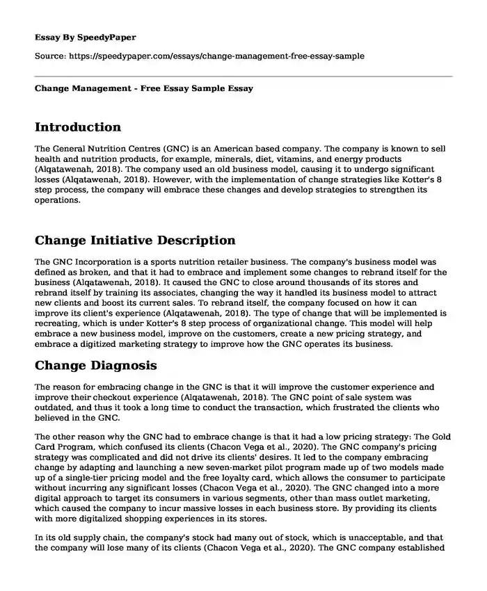 Change Management - Free Essay Sample