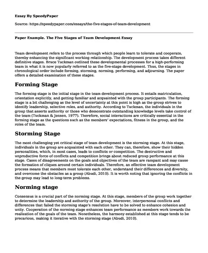Paper Example. The Five Stages of Team Development