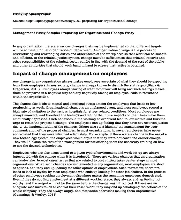 Management Essay Sample: Preparing for Organizational Change