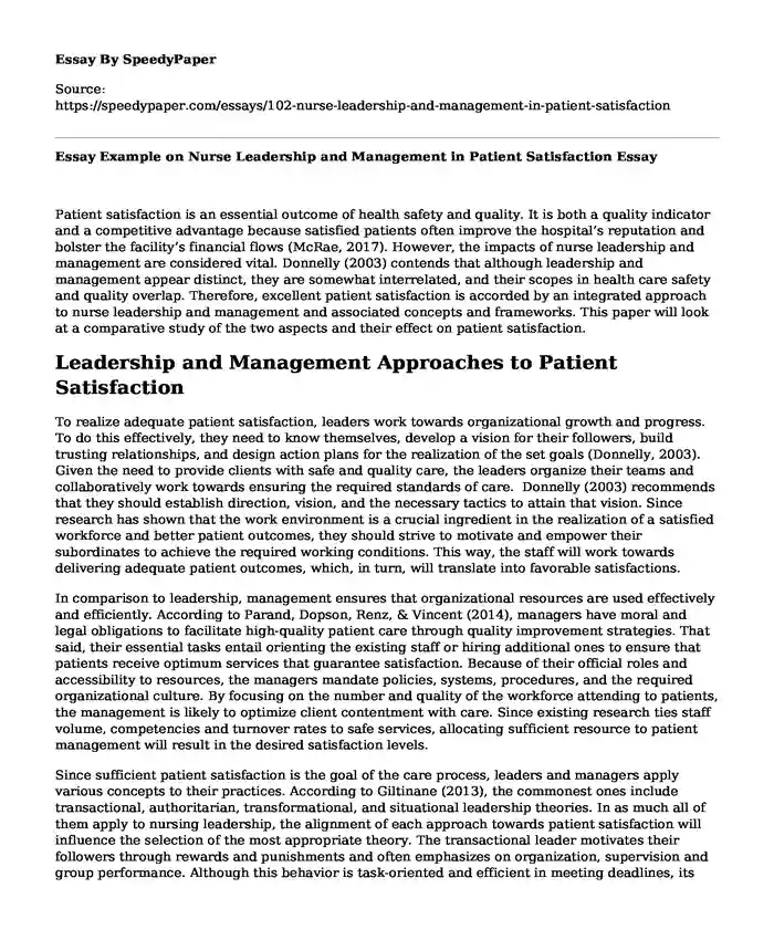 Essay Example on Nurse Leadership and Management in Patient Satisfaction