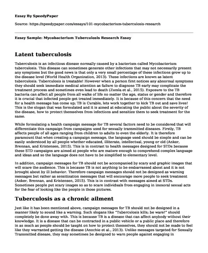 Essay Sample: Mycobacterium Tuberculosis Research