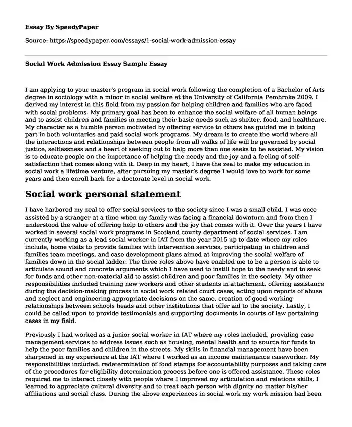 Social Work Admission Essay Sample