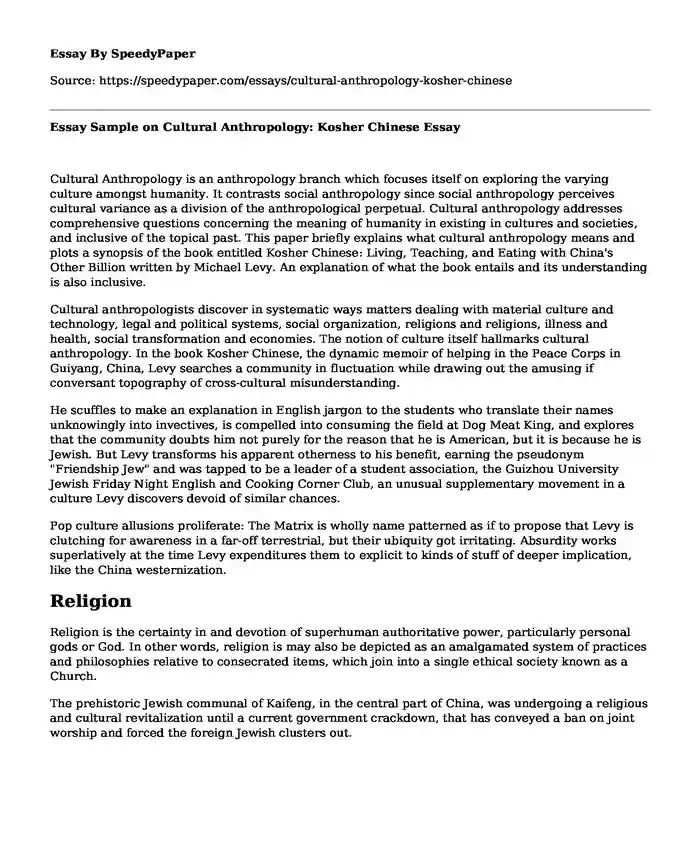 Essay Sample on Cultural Anthropology: Kosher Chinese