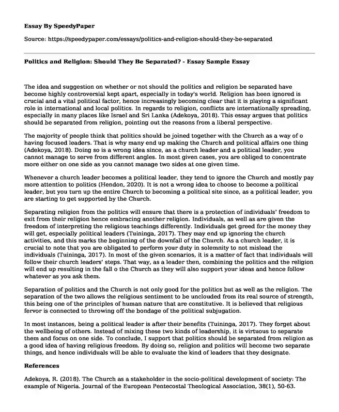 Politics and Religion: Should They Be Separated? - Essay Sample