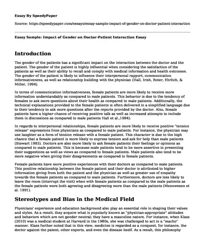 Essay Sample: Impact of Gender on Doctor-Patient Interaction