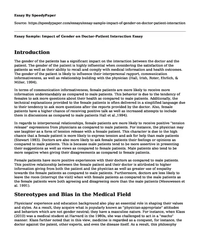 📌 Essay Sample: Impact of Gender on Doctor-Patient Interaction ...