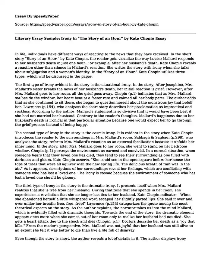 Literary Essay Sample: Irony in "The Story of an Hour" by Kate Chopin