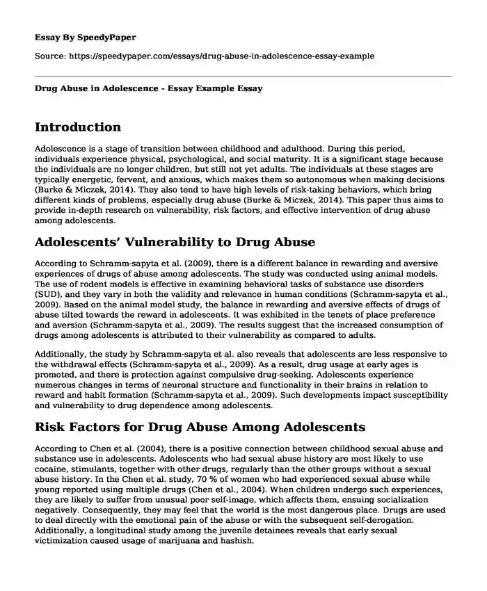 Drug Abuse in Adolescence - Essay Example