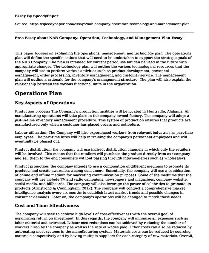 Free Essay about NAB Company: Operation, Technology, and Management Plan