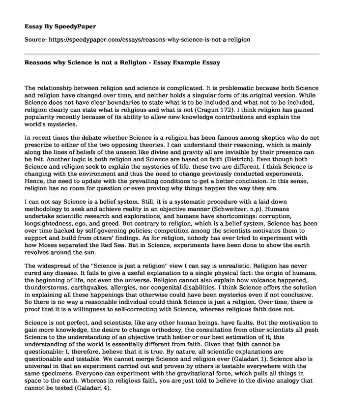 Reasons why Science is not a Religion - Essay Example