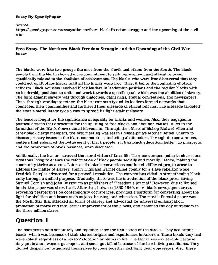 Free Essay. The Northern Black Freedom Struggle and the Upcoming of the Civil War