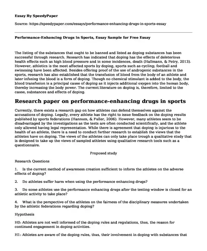 Performance-Enhancing Drugs in Sports, Essay Sample for Free