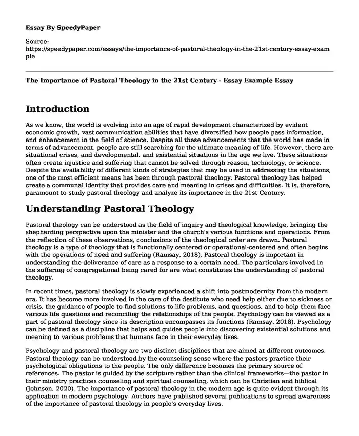 The Importance of Pastoral Theology in the 21st Century - Essay Example