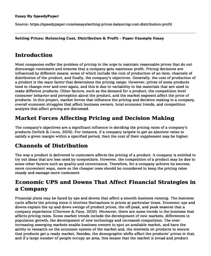 Setting Prices: Balancing Cost, Distribution & Profit - Paper Example